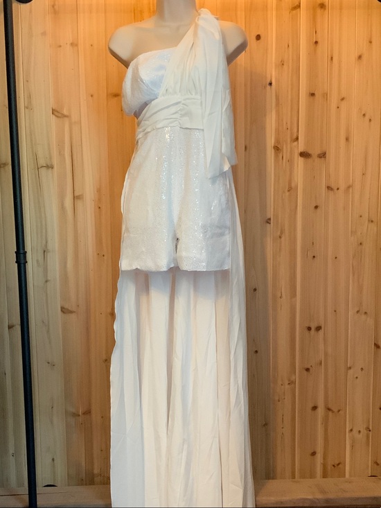 Dresses & Skirts - White One-Shoulder Sequin Romper with Sheer Overlay